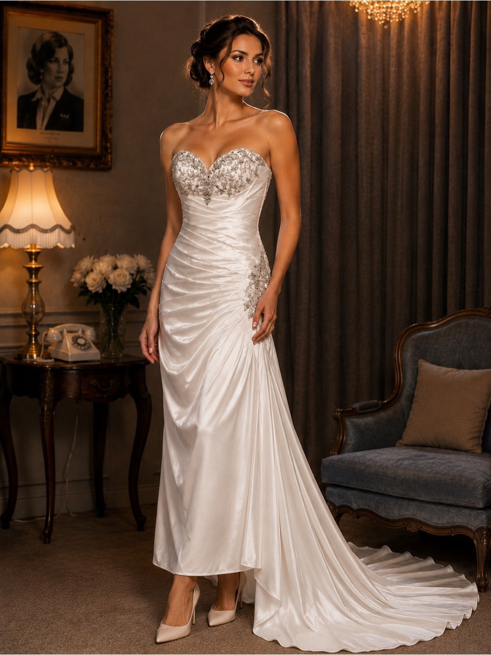 David's Bridal Ivory Strapless Beaded Sweetheart Wedding Gown